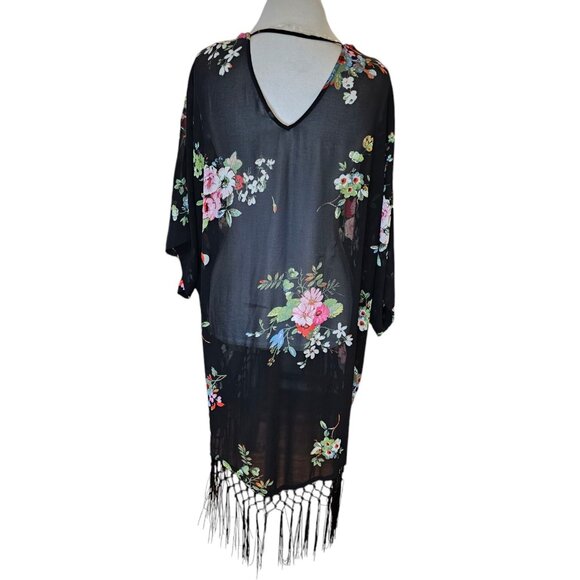 Kimono Kaftan Duster Sheer Floral Fringe Boho Whimsigoth XS S Black Wrap Shawl - Picture 8 of 12